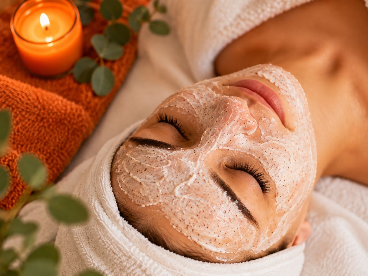 Mascarilla facial exfoliante aplicada con la cabeza envuelta en una toalla blanca, junto a una vela y una toalla naranja