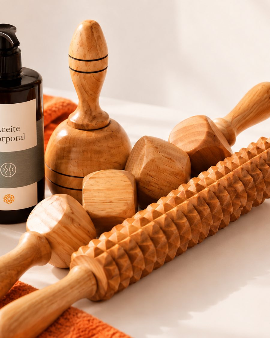Utensilios de madera para maderoterapia: copa, rodillo con relieve y piezas de distintas formas, junto a aceite corporal y una toalla naranja
